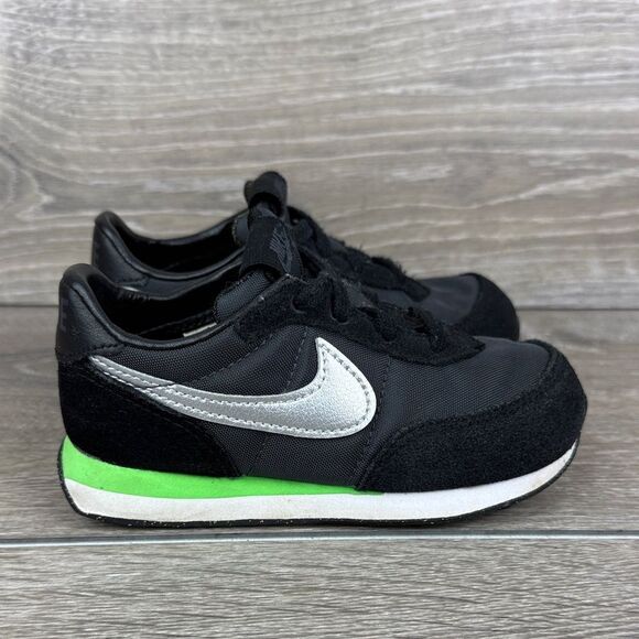 Nike Waffle Trainer 2 Toddler Boy Sz 8 Black Silver Green Low Lace Up Sneakers - Picture 1 of 10